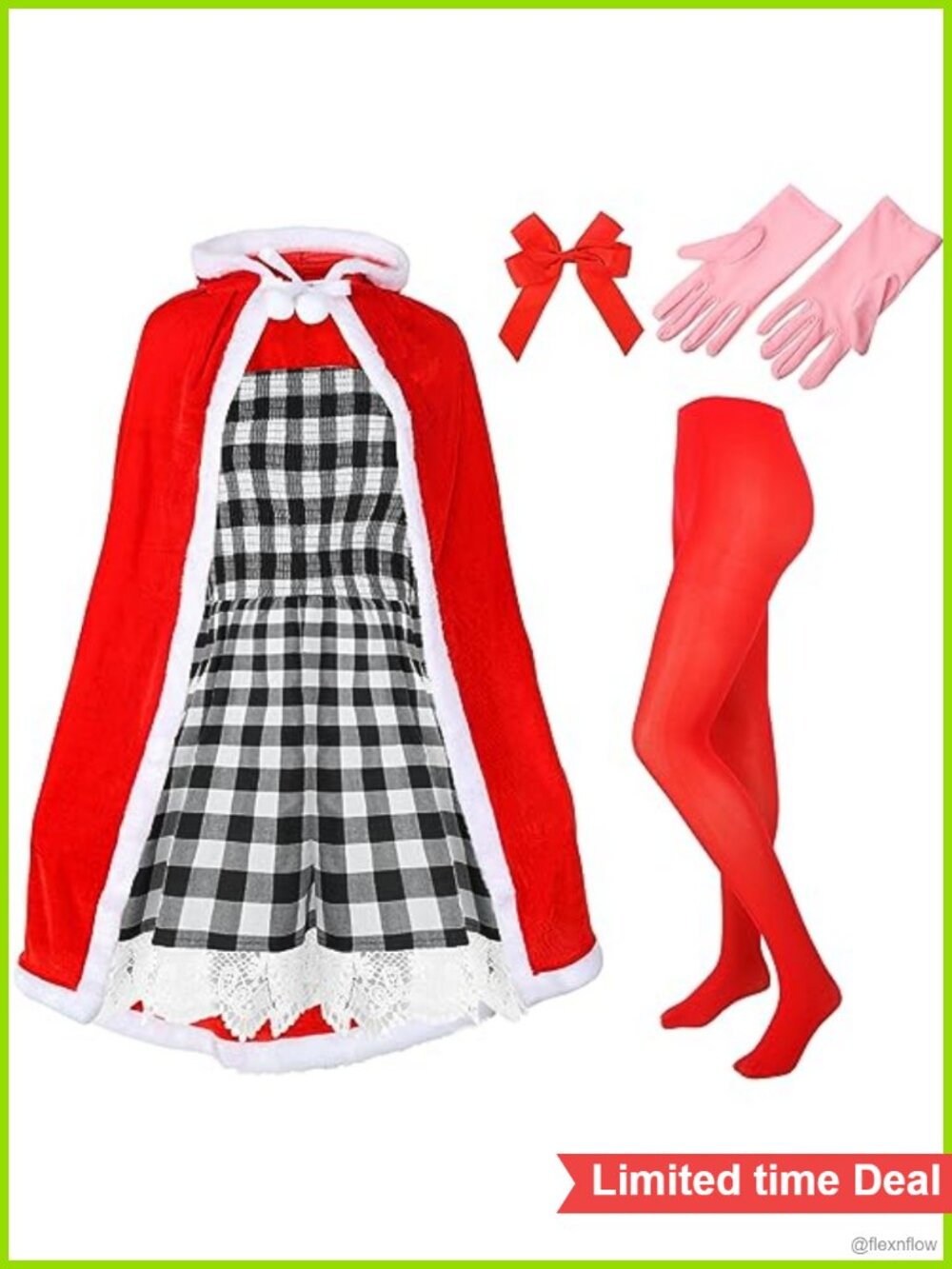 Gingham Dress Velvet Hooded Cape Christmas Costume Set